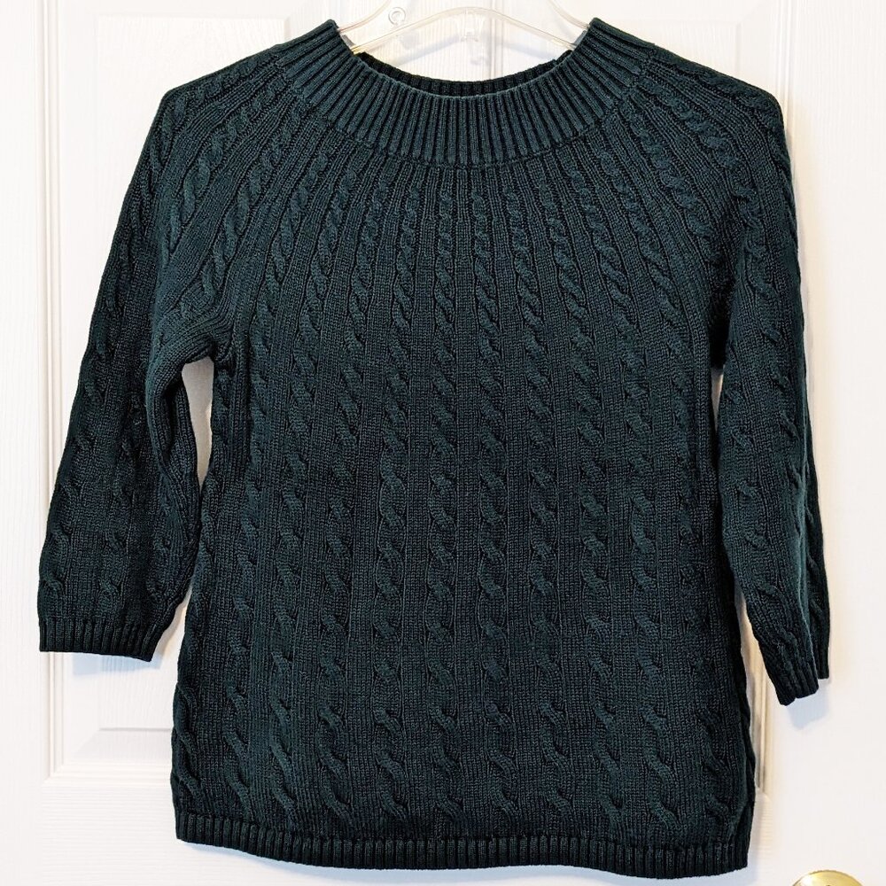 Talbots Cotton Dark Green Crew Neck with 3/4 Sleeves Sweater